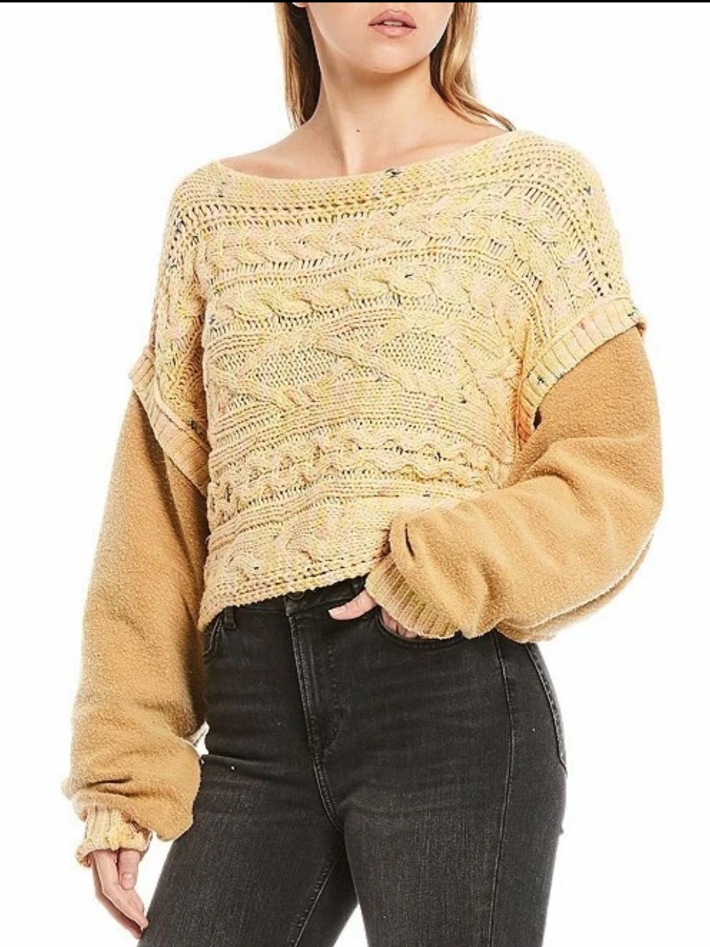 FREE PEOPLE Honey Cable Knit Cropped Sweater in Honey Combo Large